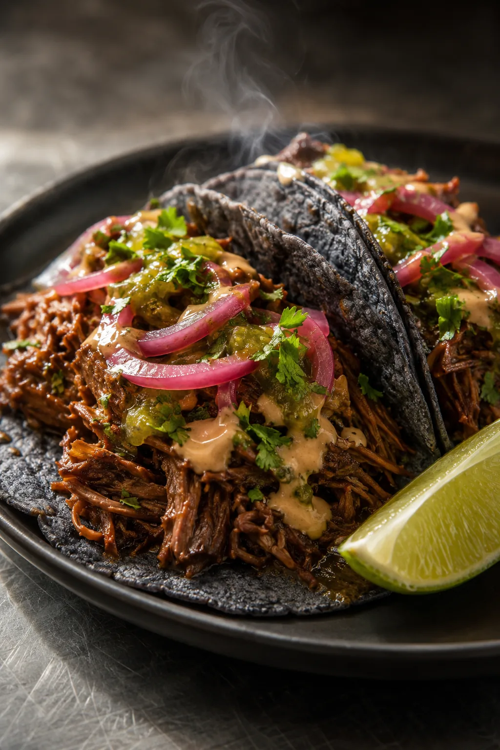 Barbacoa Chingon tacos on blue corn tortillas with pickled onion and green salsa.