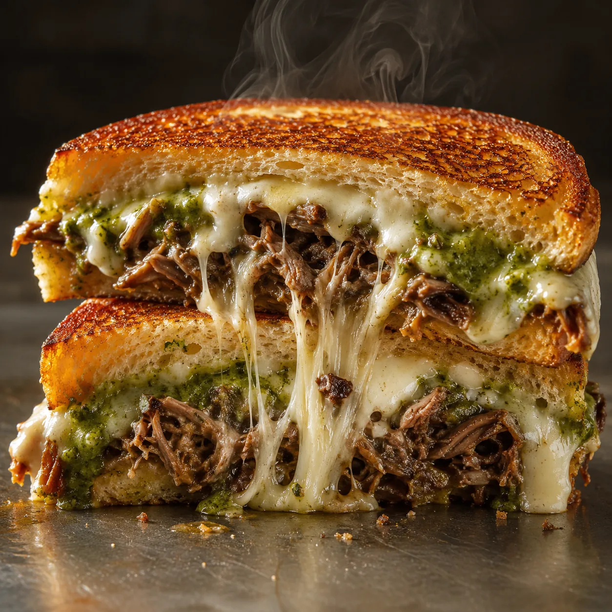 Barbacoa Grilled Cheese sandwich cut open, showing melted cheese and barbacoa.