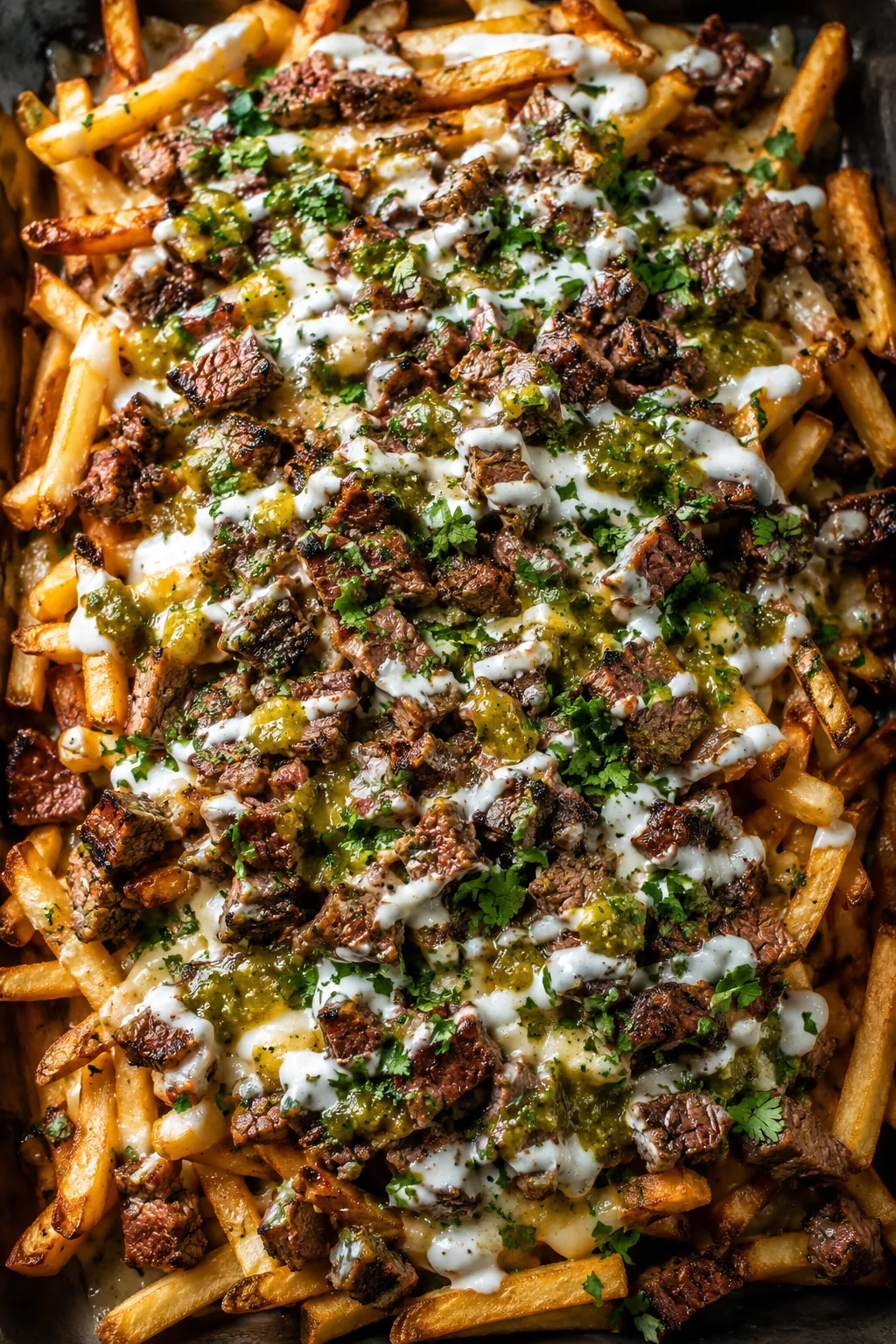 A tray of carne asada fries topped with queso, crema and salsa.
