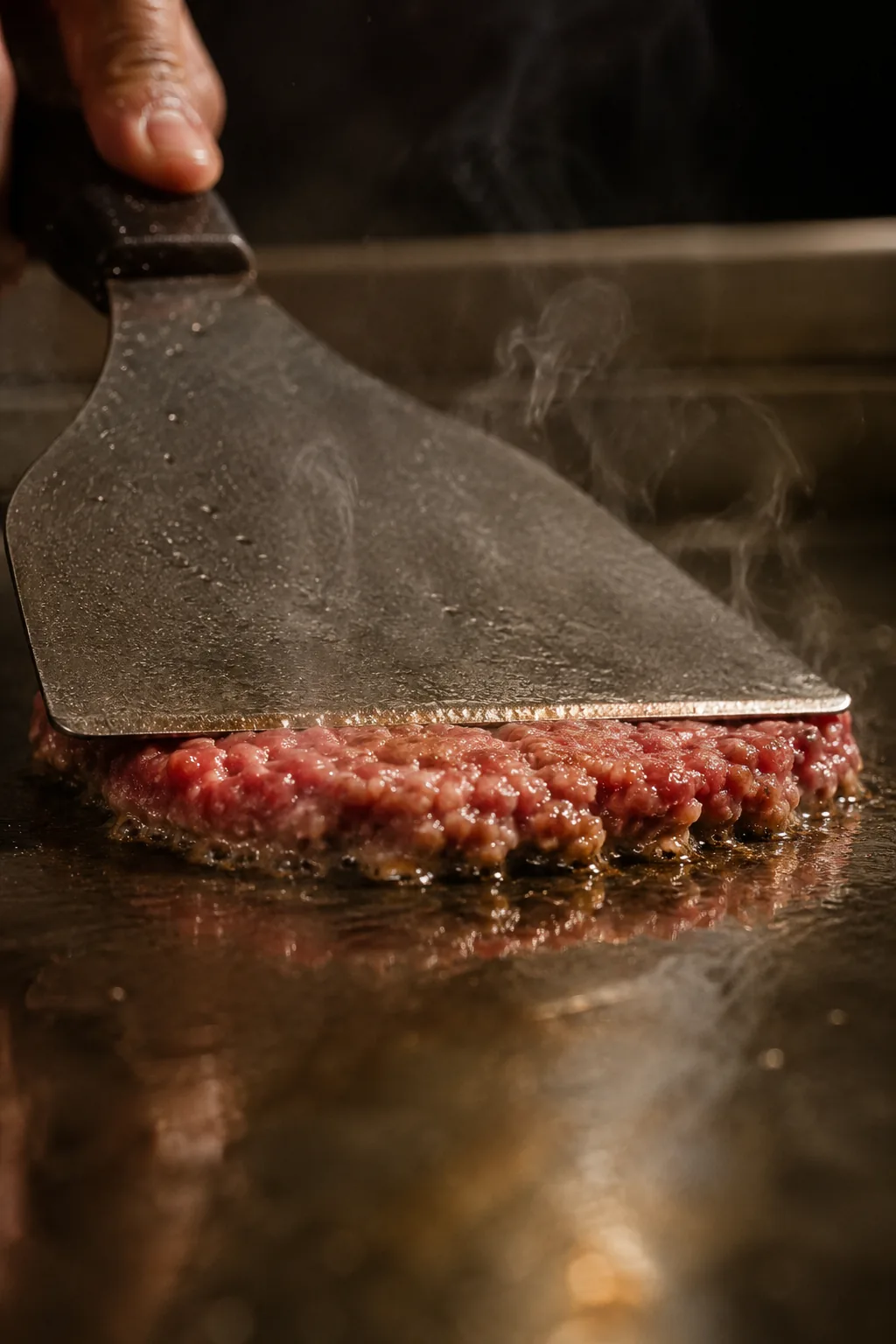 A burger patty being pressed on the griddle at Pacheco.
